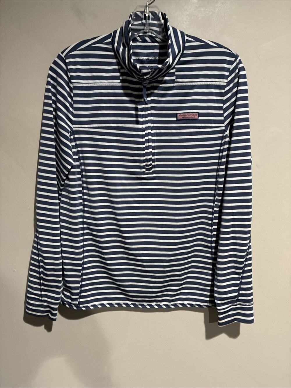 Vineyard Vines Striped Sankaty Shep Shirt 1/4 Zip Women Navy Stripe Sz Sm UPF 50